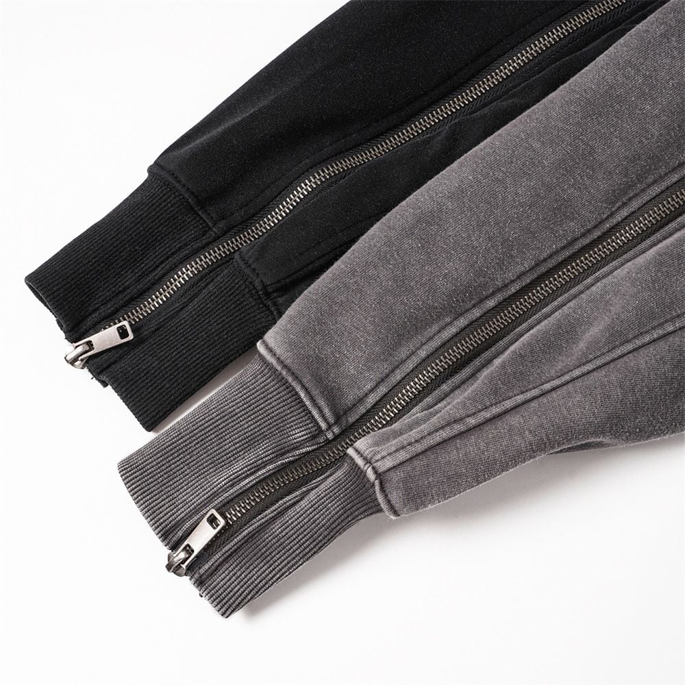 Men Pullover Hoodie | Wasteland Washed Distressed Finish, Diagonal Asymmetric Zipper, Niche Design, Oversized Fit, Spring‑Autumn Wear