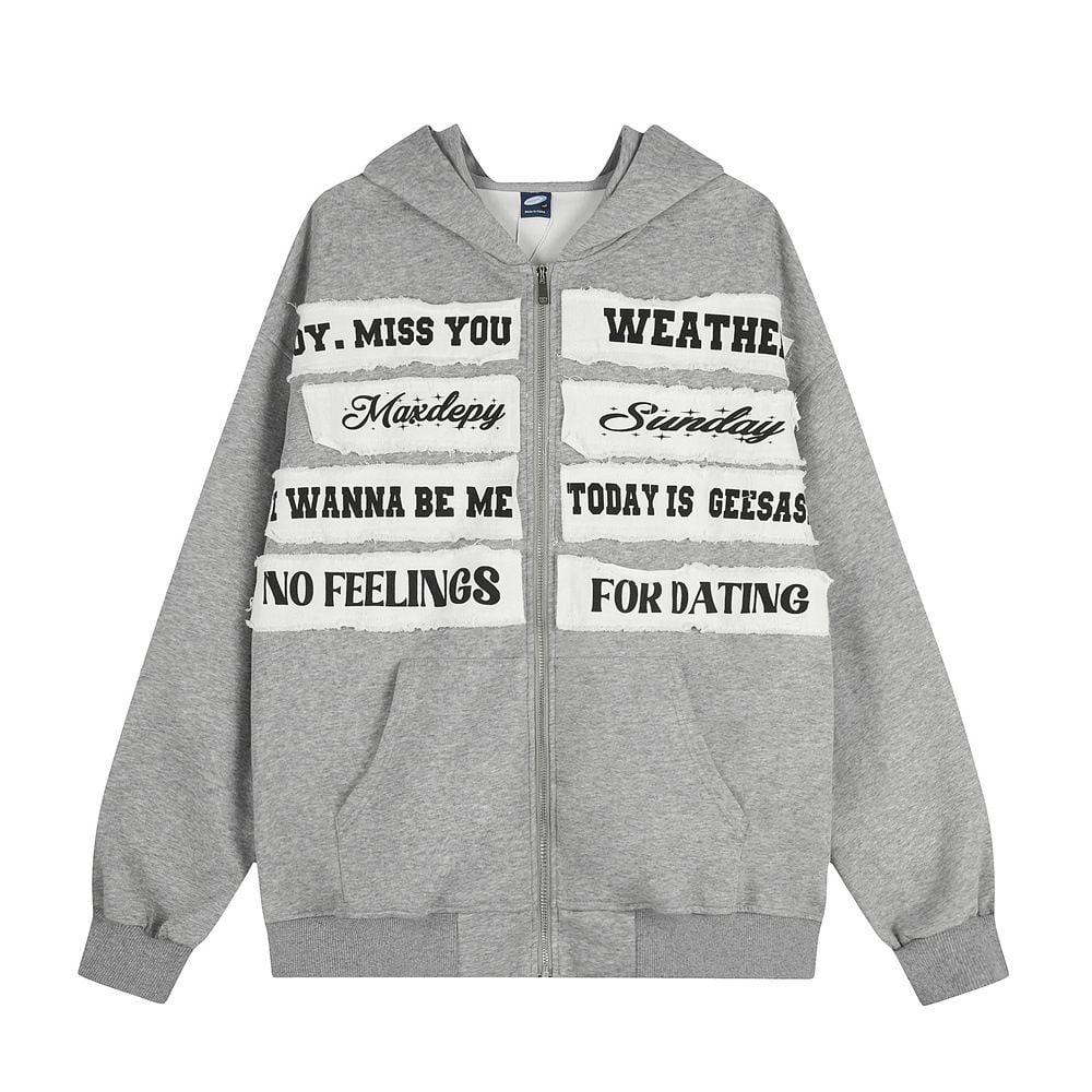 Men Niche Design Streetwear Hoodie Jacket, Distressed Letter Applique Embroidery Loose Casual Sweatshirt for Spring Autumn