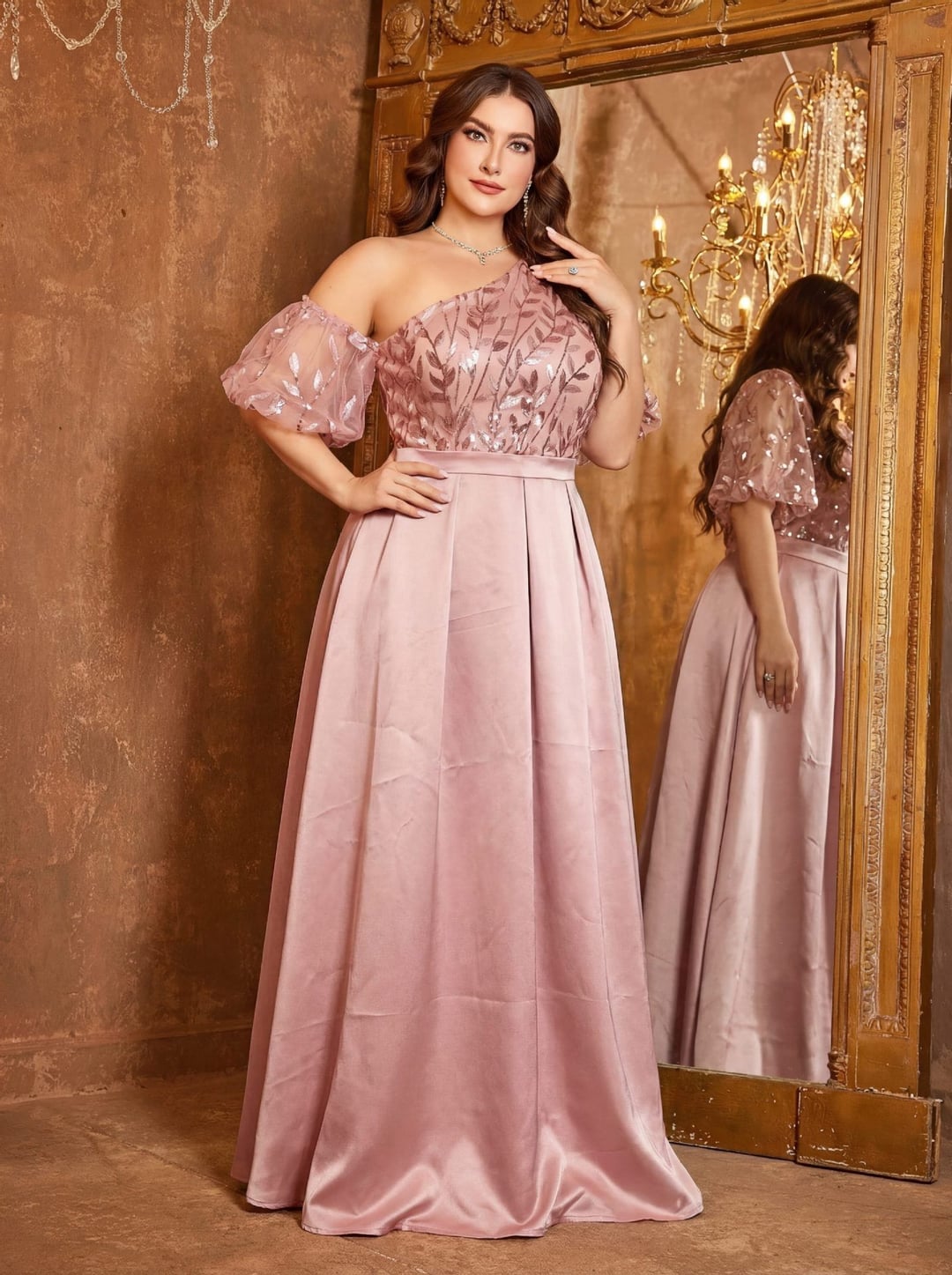 European American V-neck Long Sleeve Split Sequin Elegant Evening Dress