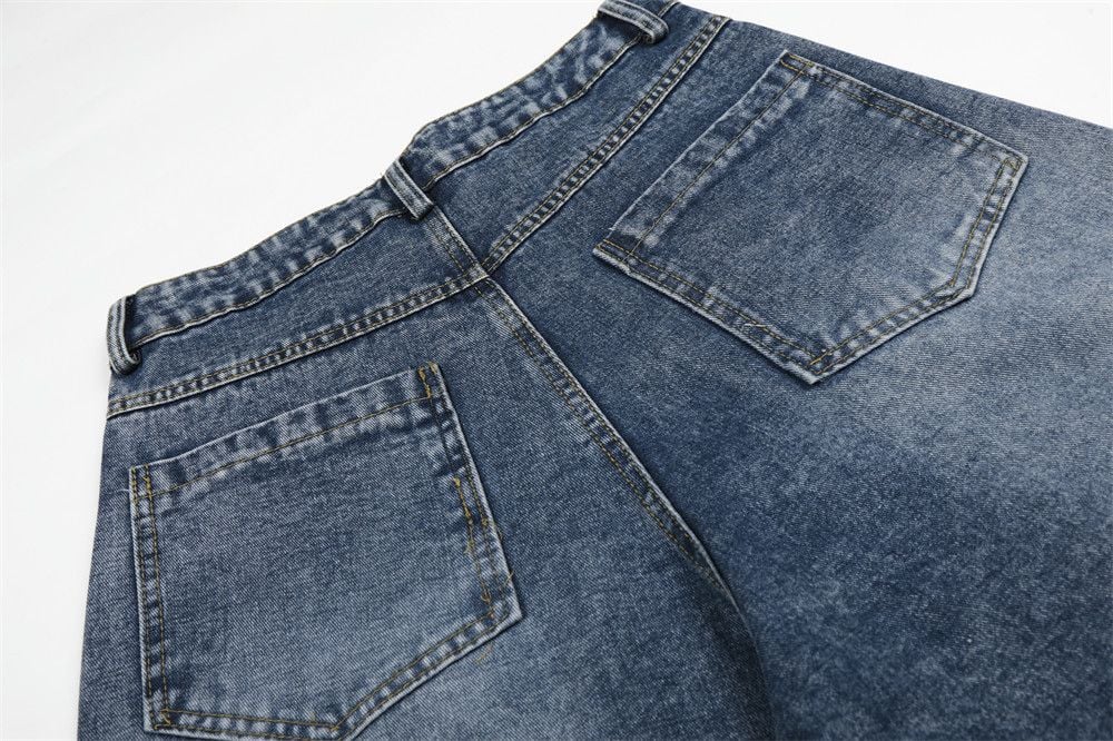 Men’s American Vintage Cartoon Carousel Horse Embroidered Denim 3/4 Shorts, Washed Distressed Cargo Loose Wide‑Leg Straight Pants