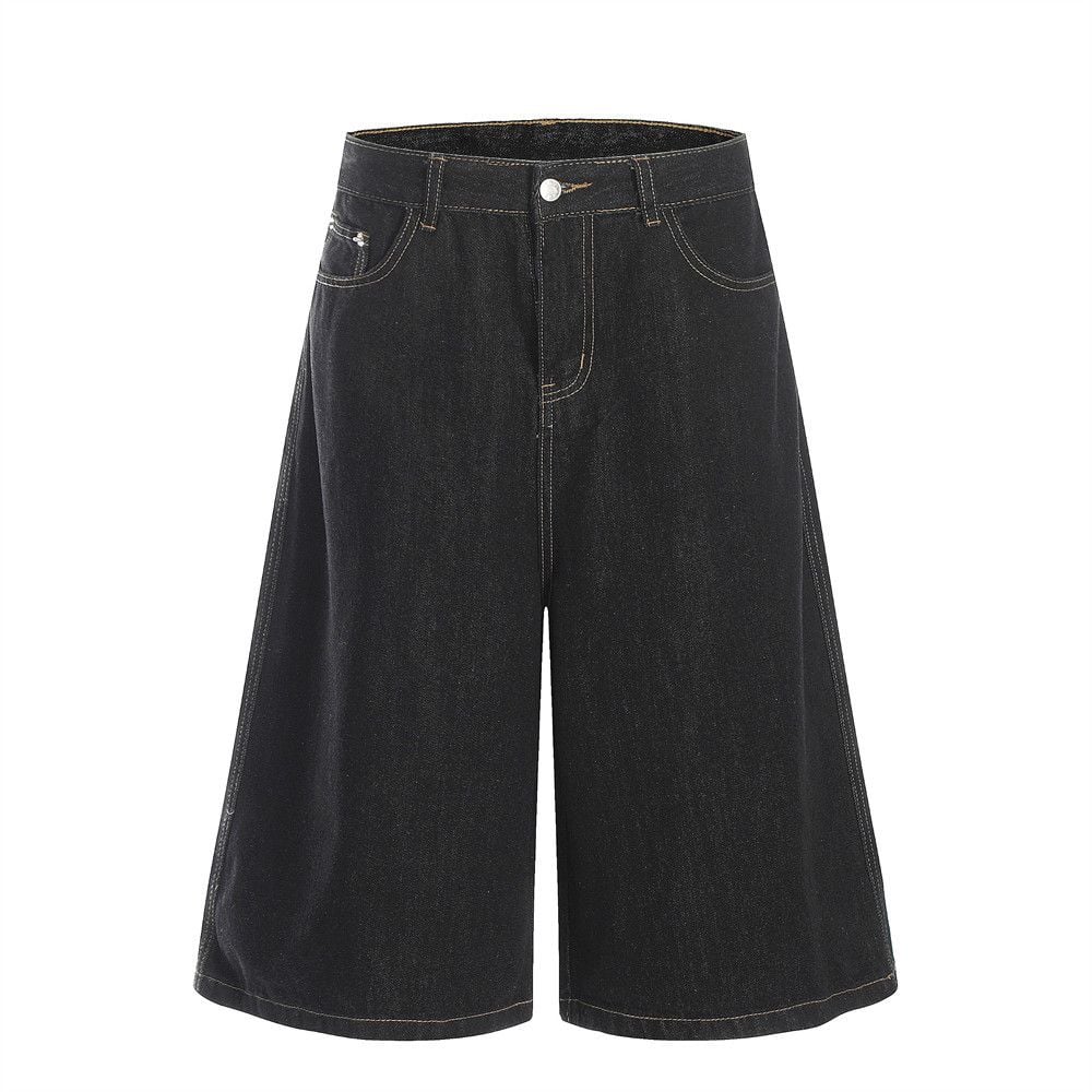 Men’s Summer Denim Mid‑Length Shorts, Firework & Letter Embroidery, Streetwear Brand Style, Washed Loose Casual Straight Wide‑Leg Jeans Shorts