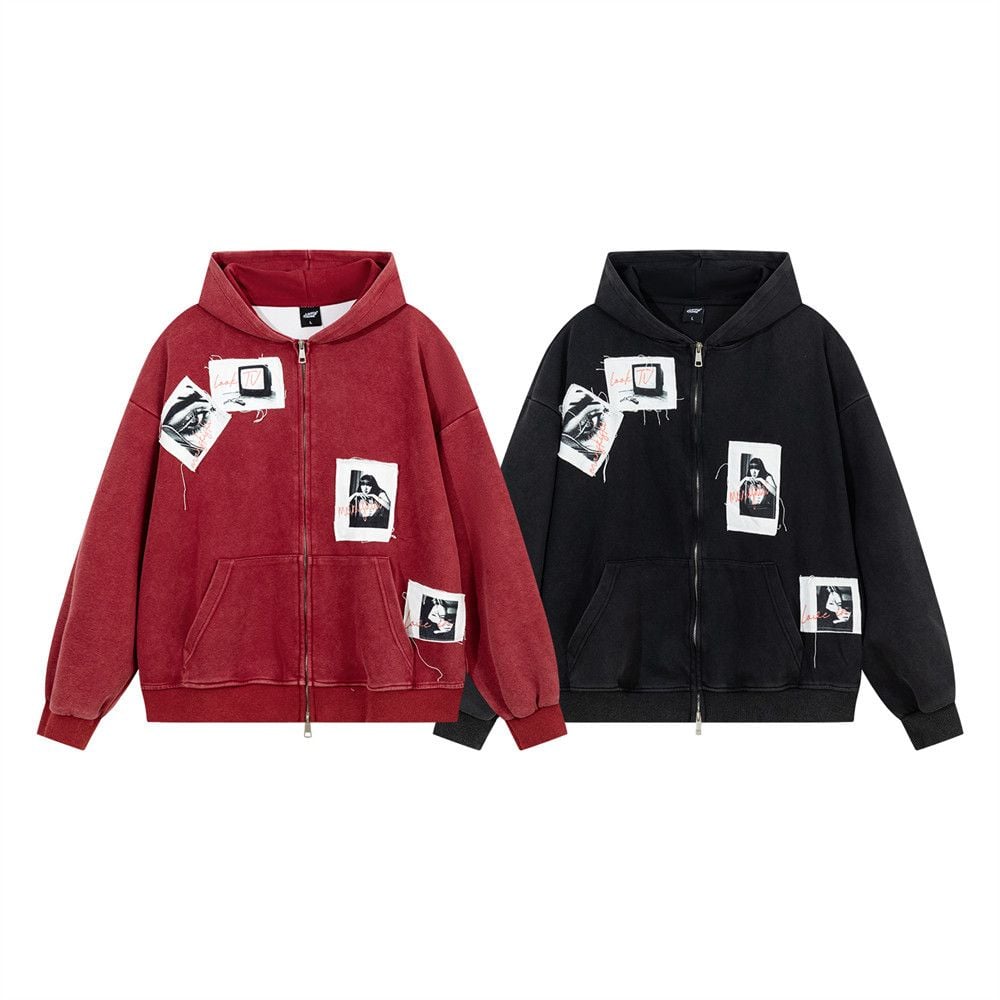 Men’s Color‑Block Patchwork Washed Zip‑Up Hoodie, Hip‑Hop Streetwear Two‑Way Zipper Jacket