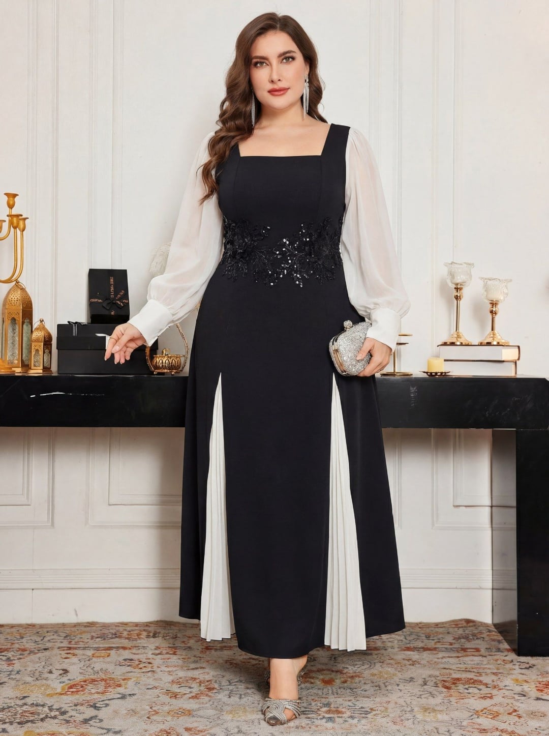 Plus Size European Elegant Square Neck Long Sleeve Pleated Appliqué Top
