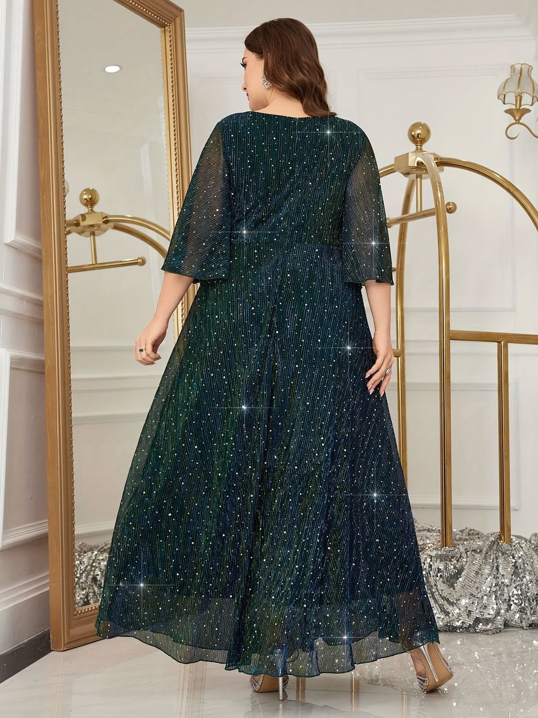 Plus Size Women European Style V-neck Long Sleeve Slit Sequin Elegant Dress