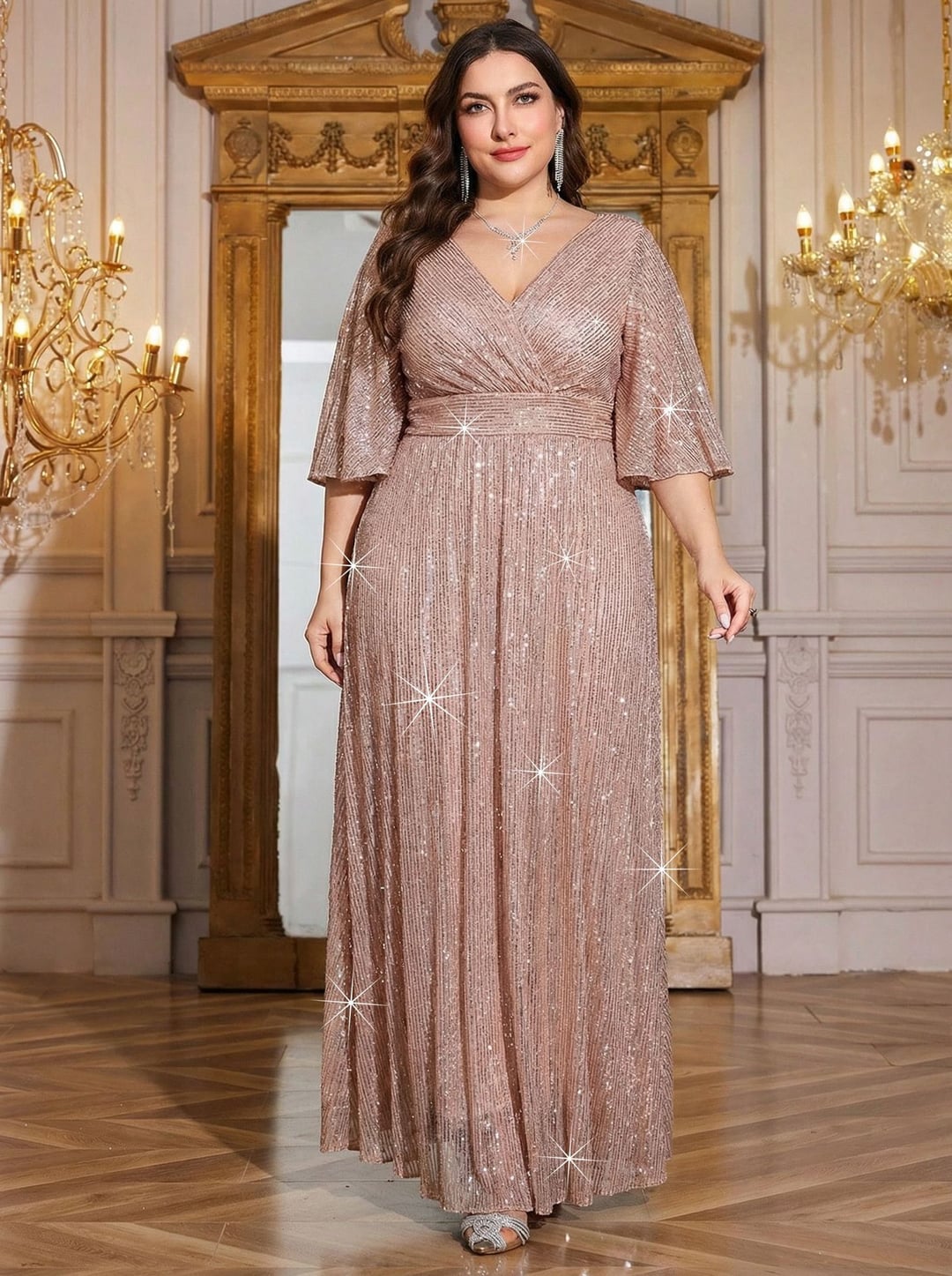 Plus Size Women European Style V-neck Long Sleeve Slit Sequin Elegant Dress