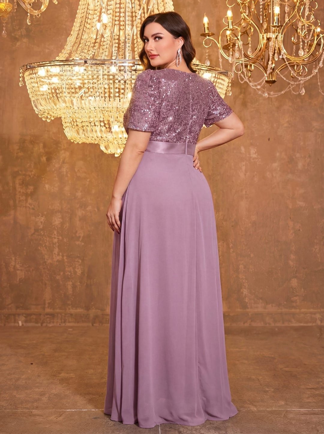 Plus Size European American V-Neck Long Sleeve Split Sequin Elegant Evening Dress