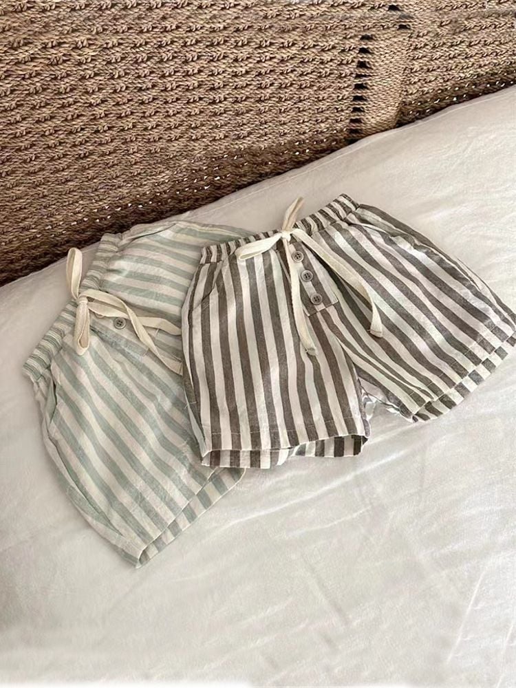 Cotton Linen Striped Casual Shorts, Button Decor, Loose & Breathable for Baby Boys