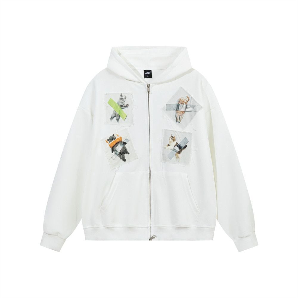 Men’s Color‑Block Patch Cat Graphic Zip‑Up Hoodie, Hip‑Hop Loose Casual Sweatshirt