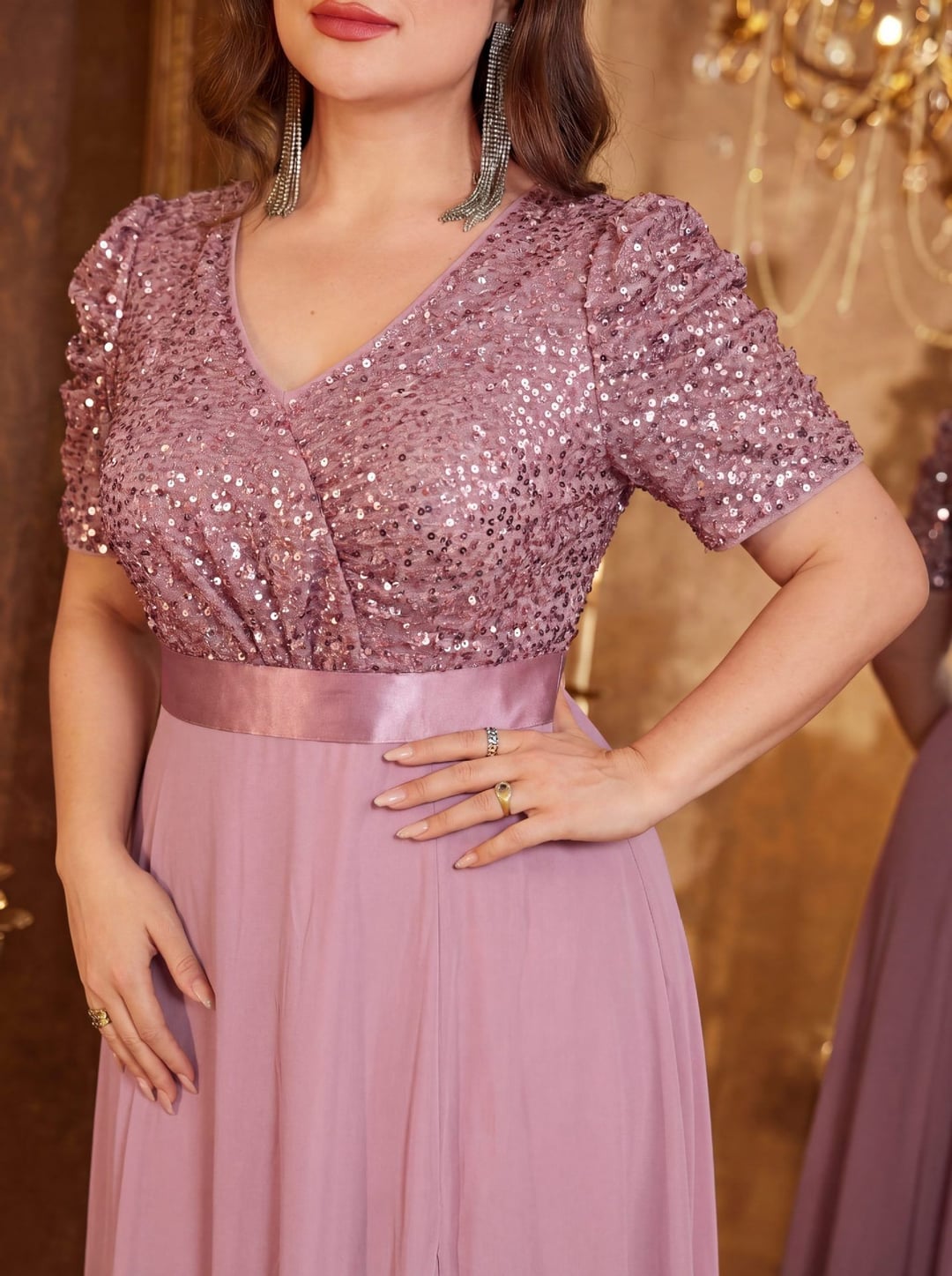 Plus Size European American V-Neck Long Sleeve Split Sequin Elegant Evening Dress