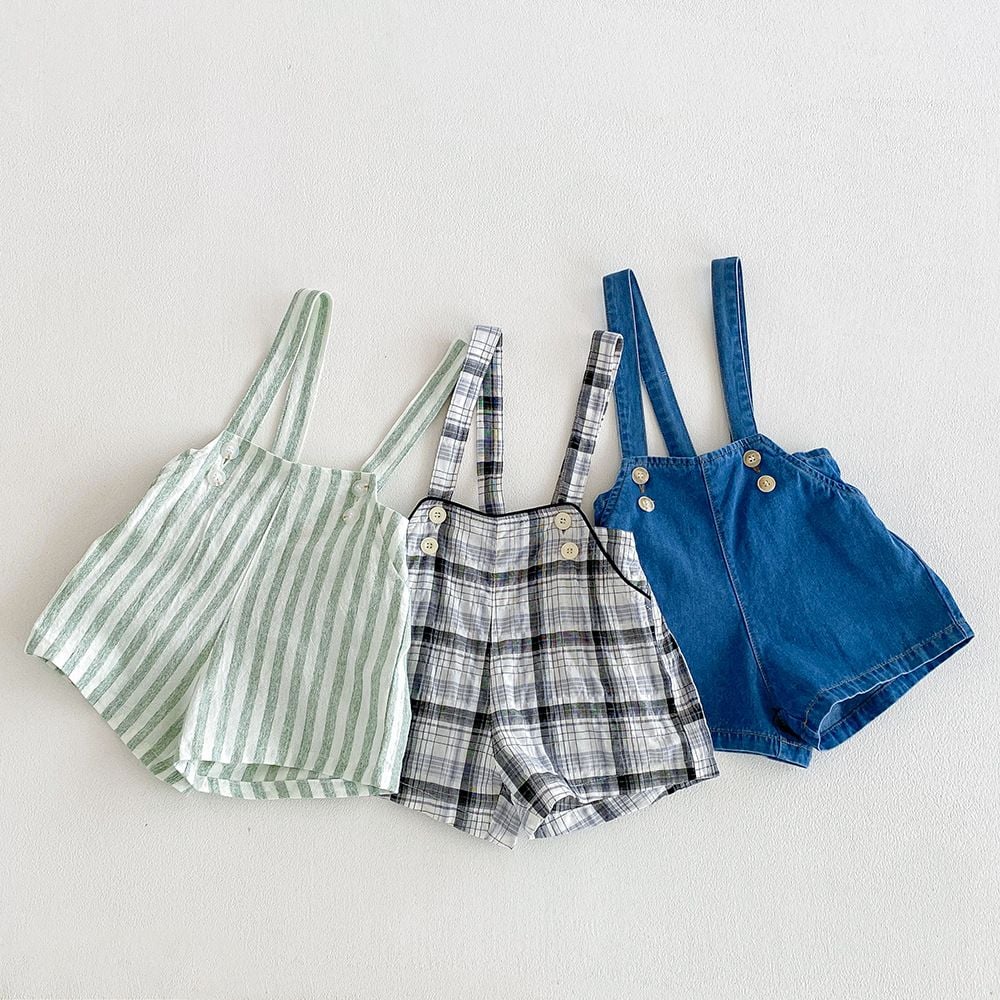 Baby Plaid Linen Cotton Denim Overalls, All-match Casual Romper for 2026 Spring & Summer