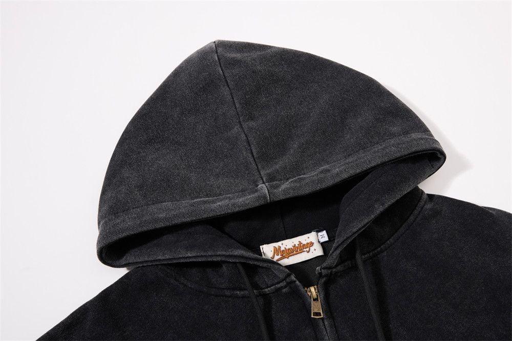 Men Vintage Distressed Letter Print Cropped Zip‑Up Hoodie, Loose Casual Sports Outerwear for Spring Autumn