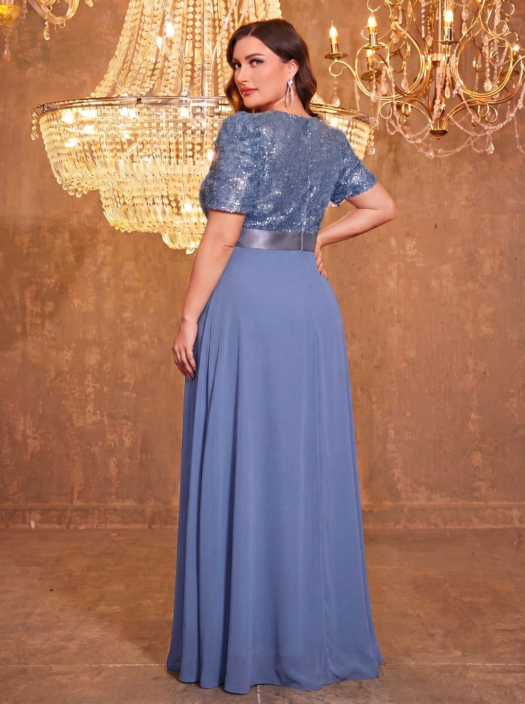 Plus Size European American V-Neck Long Sleeve Split Sequin Elegant Evening Dress