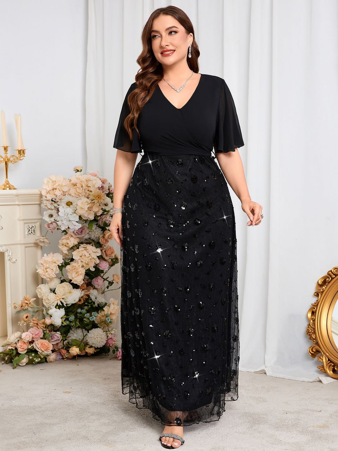 Sequin Chiffon Bridesmaid Dress Short Sleeve Waist Evening Gown