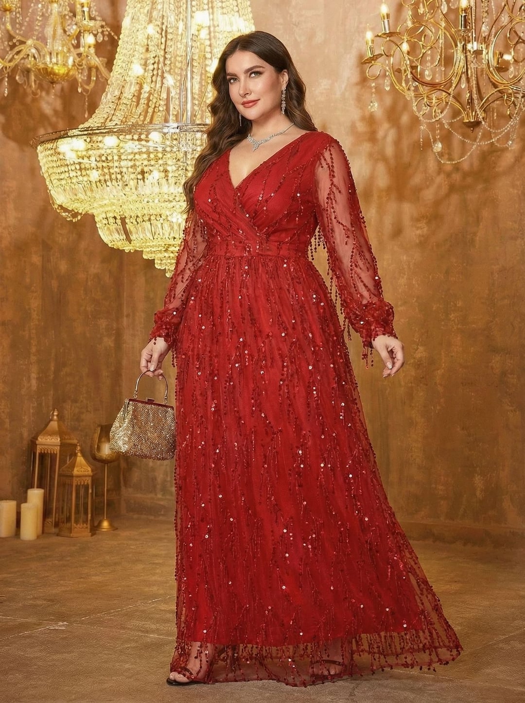 Plus Size Women Dress, European American V-Neck Long Sleeve Slit Sequin Elegant Style
