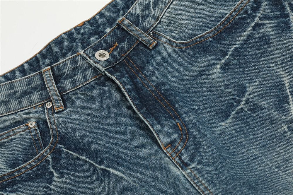 Men’s Washed Faded Denim 5‑Inch Mid Shorts, Vintage Distressed Finish, Loose Wide‑Leg Straight‑Cut Casual Cargo Streetwear Shorts