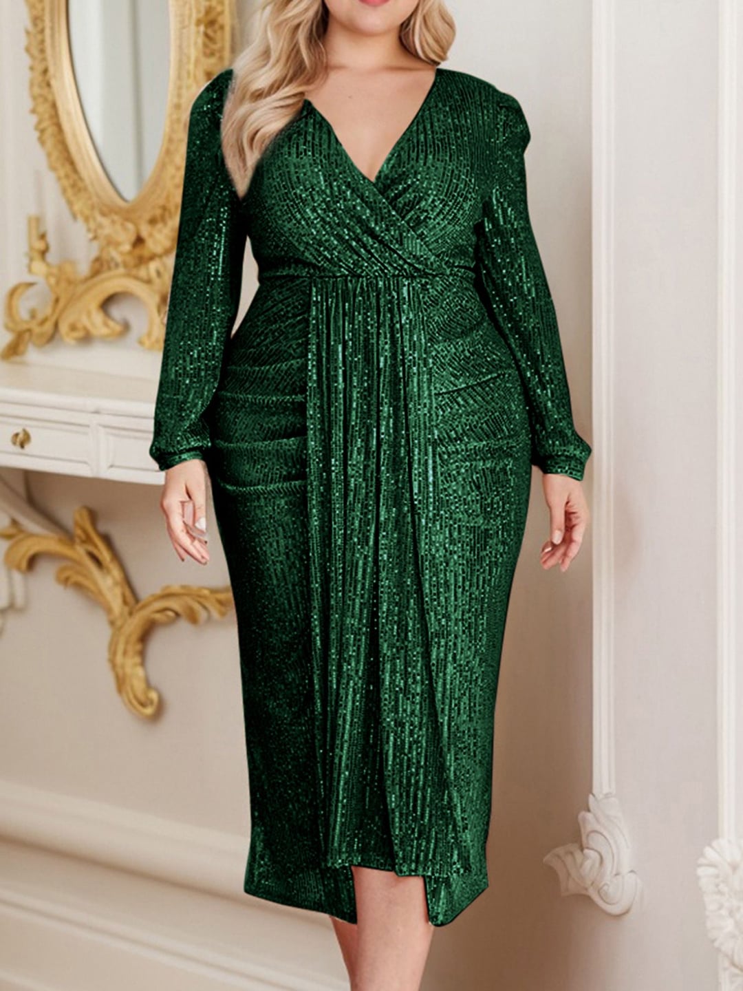 Plus Size Women V-Neck Long Sleeve Split Sequin Elegant Dress