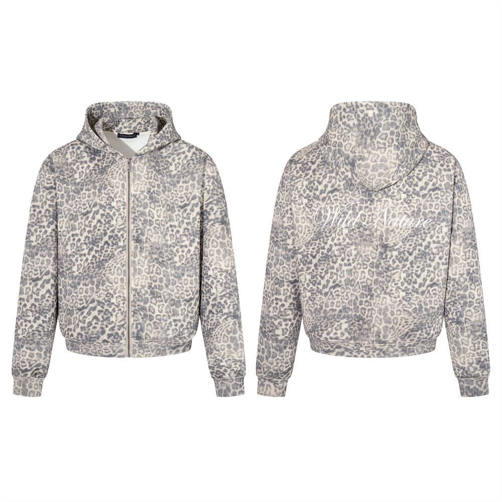 Men Vintage Washed Leopard Print Pullover Hoodie, Punk Niche Street‑Style Loose Casual Sweatshirt Jacket for Spring Autumn