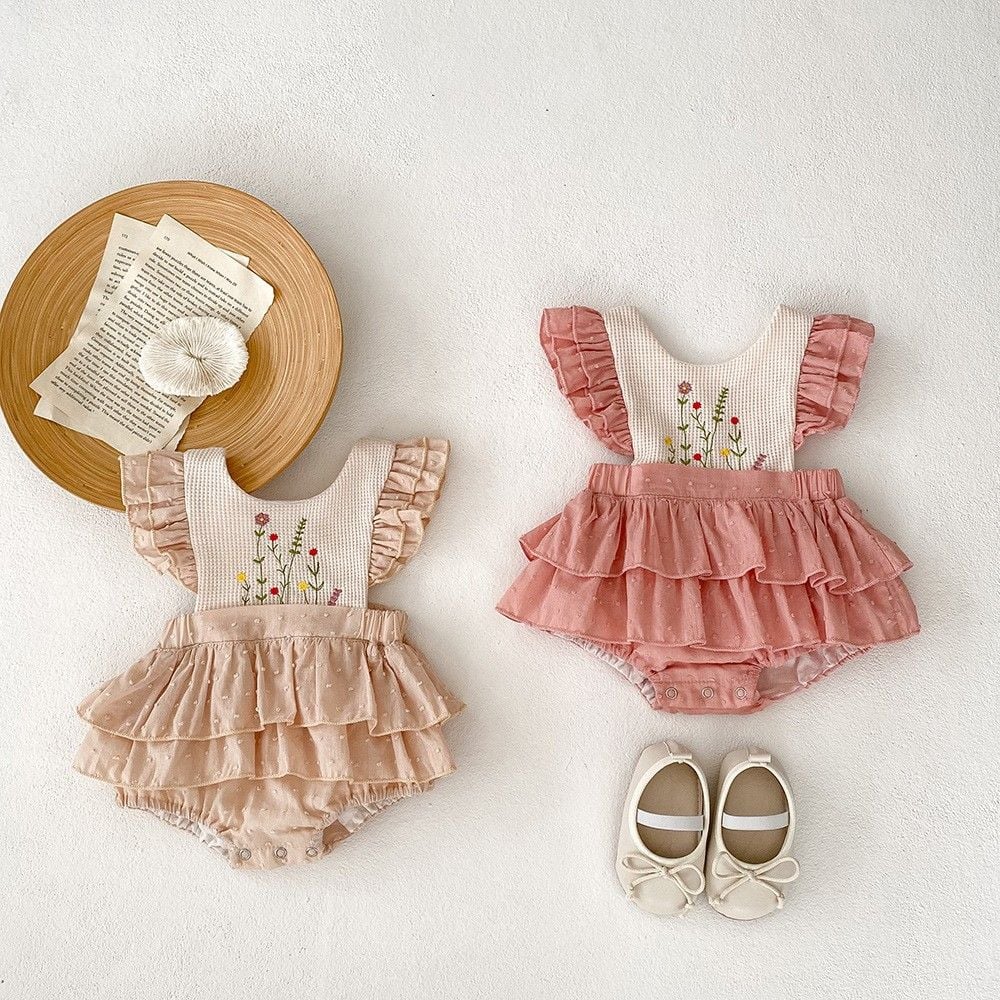 Embroidered Ruffle Baby Girls Romper Dress, Newborn Bodysuit, Princess 100 Days Banquet Party Formal Outfit