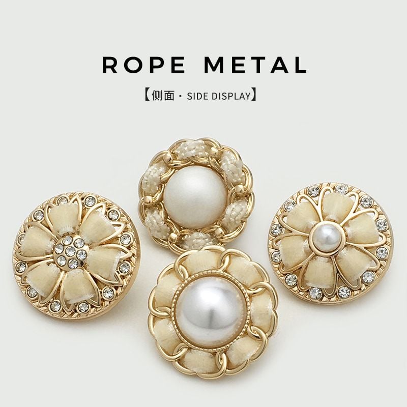 Corded Metal Buttons with Woven Pearls and Rhinestone Inlay