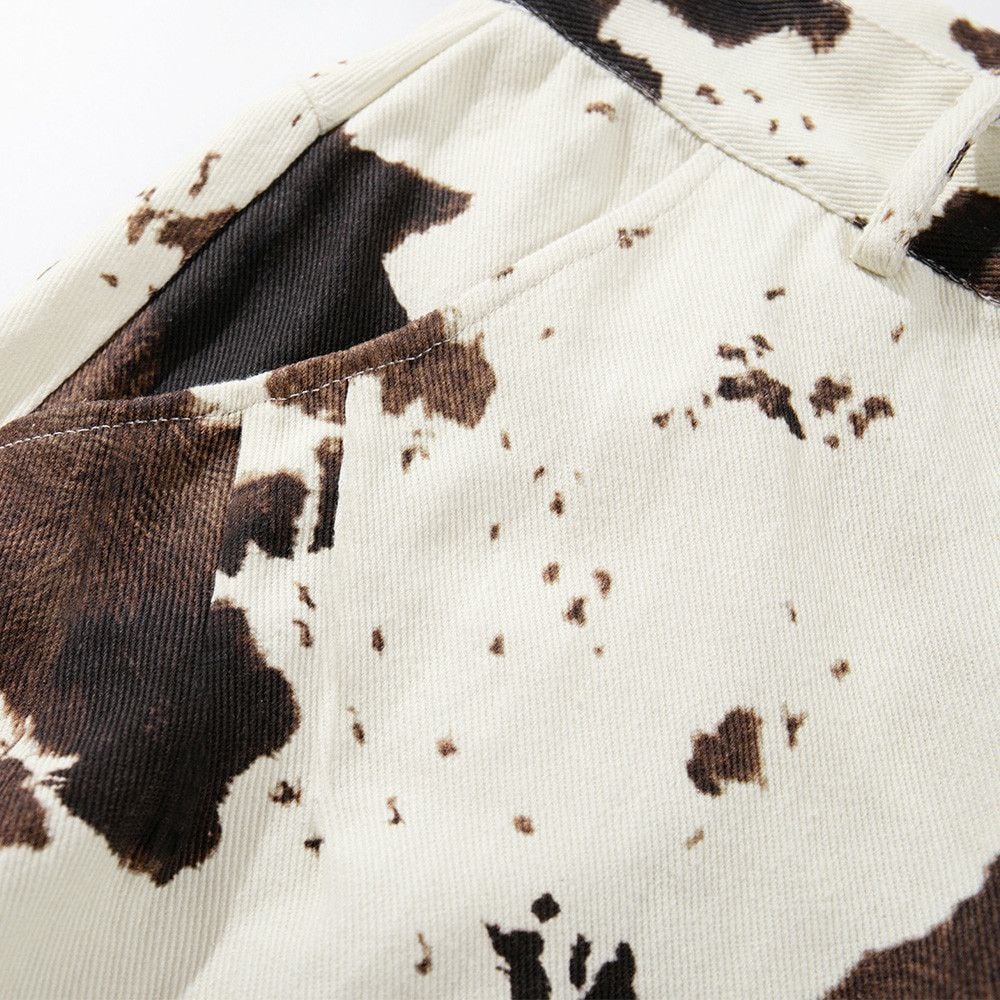 Men's Color Block Cow Print Tie-dye Camo Denim Seven-Point Pants Loose Summer Men's Wear