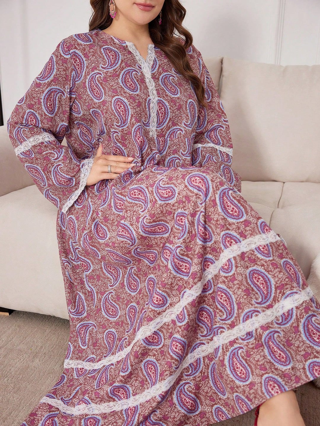 Plus Size Ethnic Style Loose Long Dress, Lace Spliced Mini V Neck