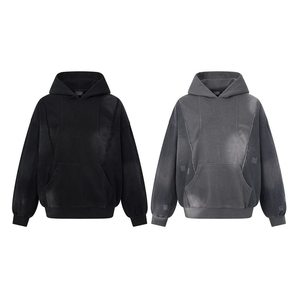 Men Wasteland Vintage Dirty‑Wash Pullover Hoodie, Deconstructed Canvas Splicing, Raw‑Edge Distressed Loose Street‑wear Sweatshirt for Spring Autumn