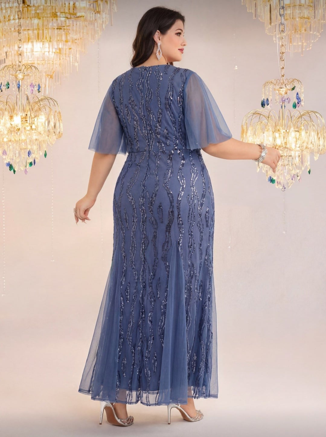 Plus Size Elegant Round Neck Short Sleeve European Style Evening Dress
