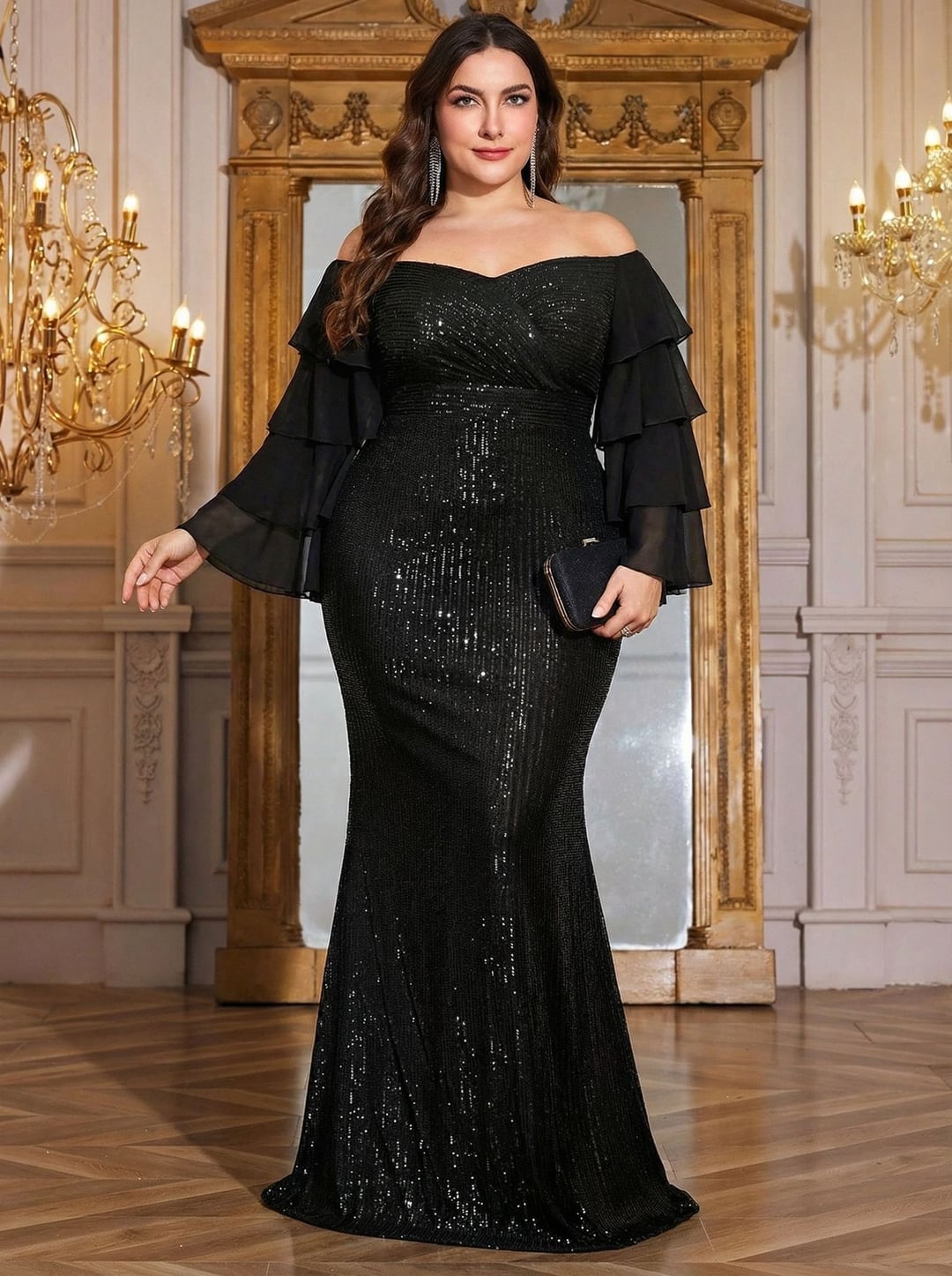 Plus Size Women Off Shoulder Cake Sleeve Dress, Elegant European American Style