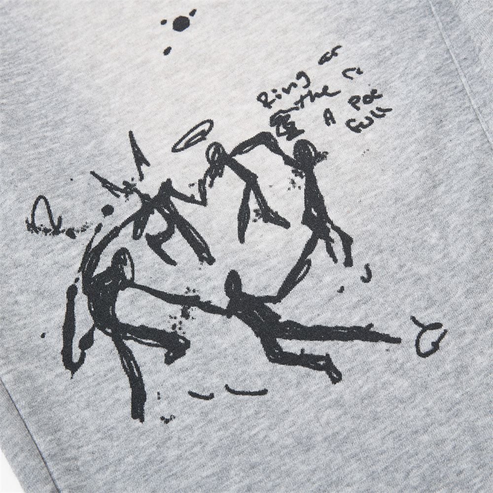 Men Hand‑Drawn Graffiti Washed Cargo 3/4 Shorts, Drawstring Multi‑Pocket Loose Wide‑Leg Streetwear