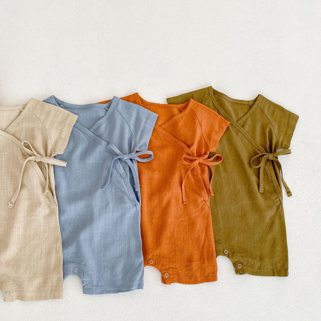Cotton Linen Baby Romper, Boys Traditional Tie Design Jumpsuit, Infant Short Sleeve Onesie