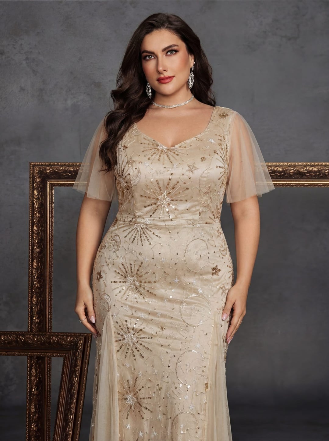 V-neck Short Sleeve Sunflower Print Elegant Evening Dress