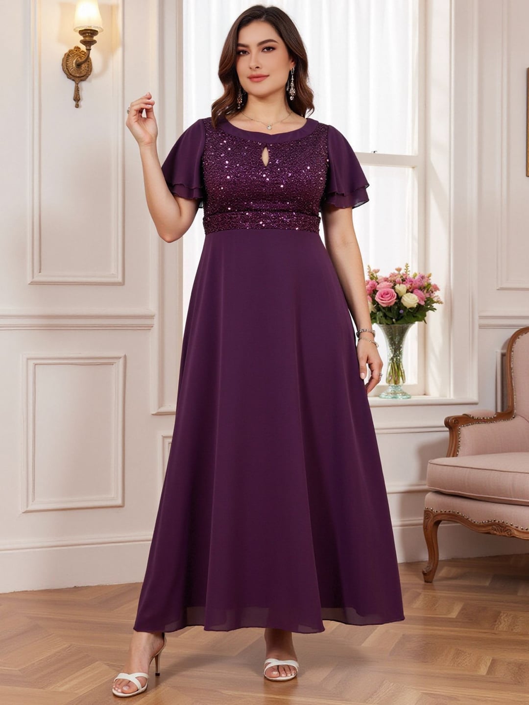 Plus Size Sequin Bridesmaid Dress Chiffon Patchwork Elegant Evening Gown