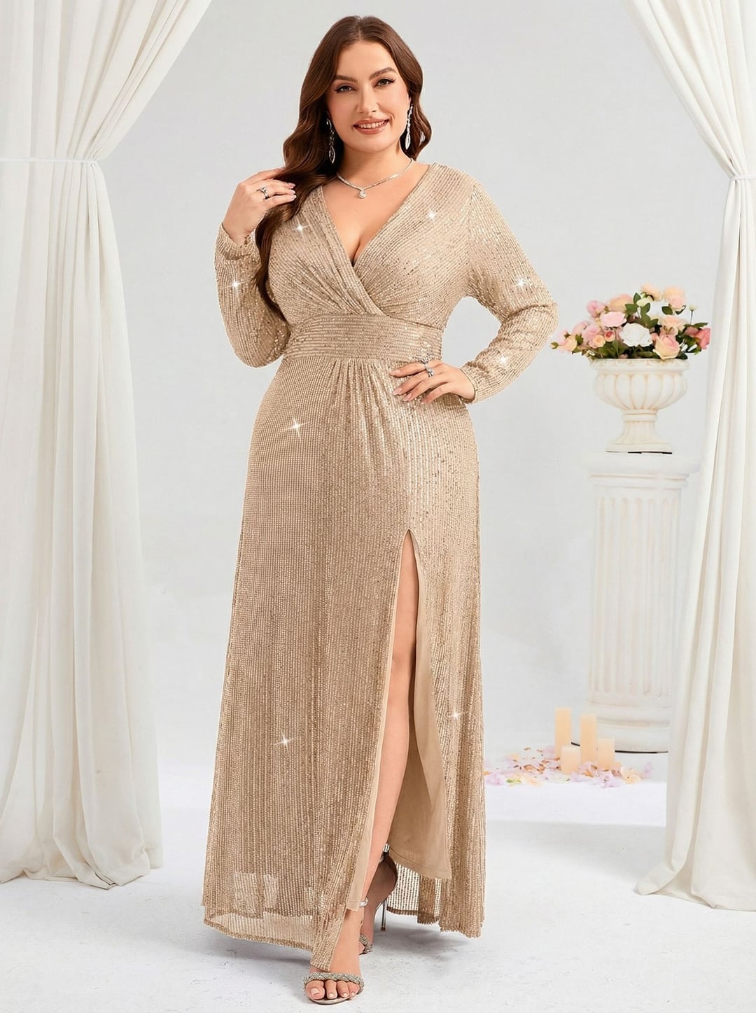 Plus Size European & American Style Evening Dress, V-Neck Long Sleeve Slit Sequin Elegant Gown