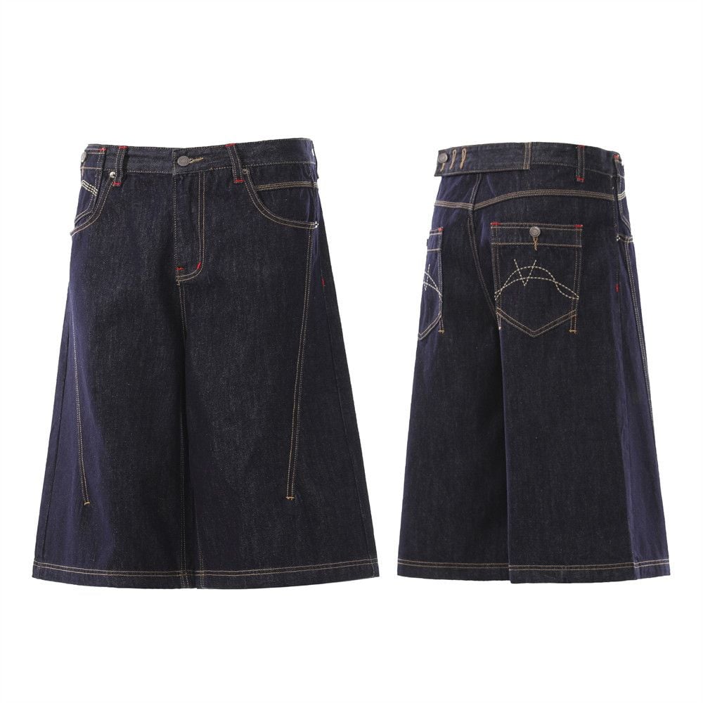 Men’s Summer Loose Denim 7‑Point Shorts, High‑Street Streetwear Brand, Statement Topstitching On Back Pockets, Straight‑Cut Wide‑Leg Cargo Shorts
