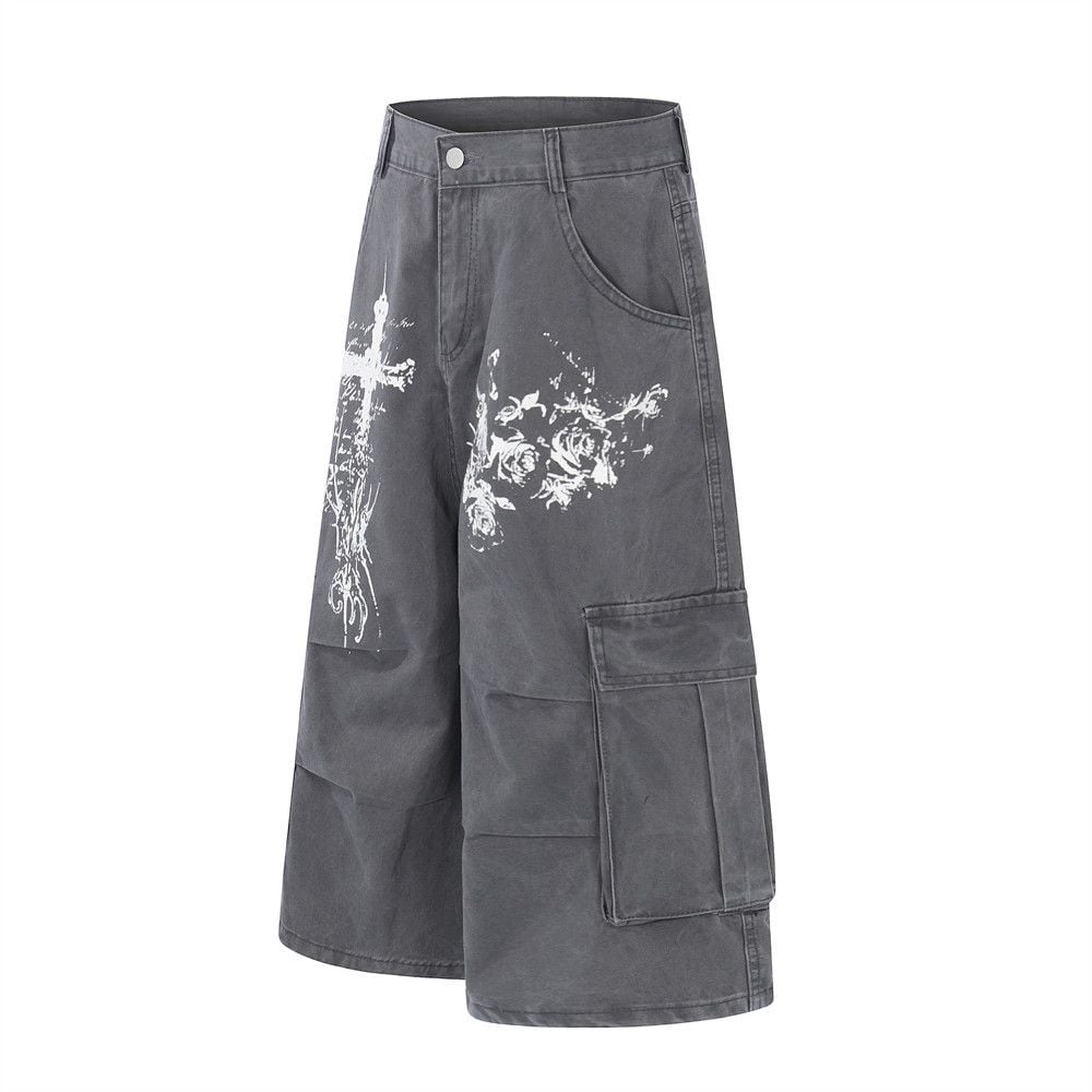 Men's American High Street Cross Printed Cargo Five-Point Shorts Summer