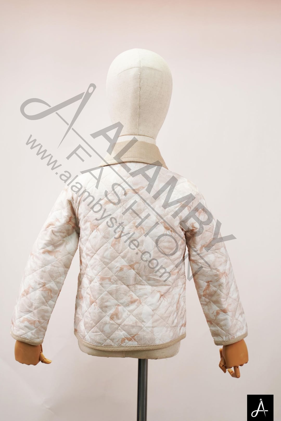 Kids Neutral Horse Print Quilted Jacket with Corduroy Collar