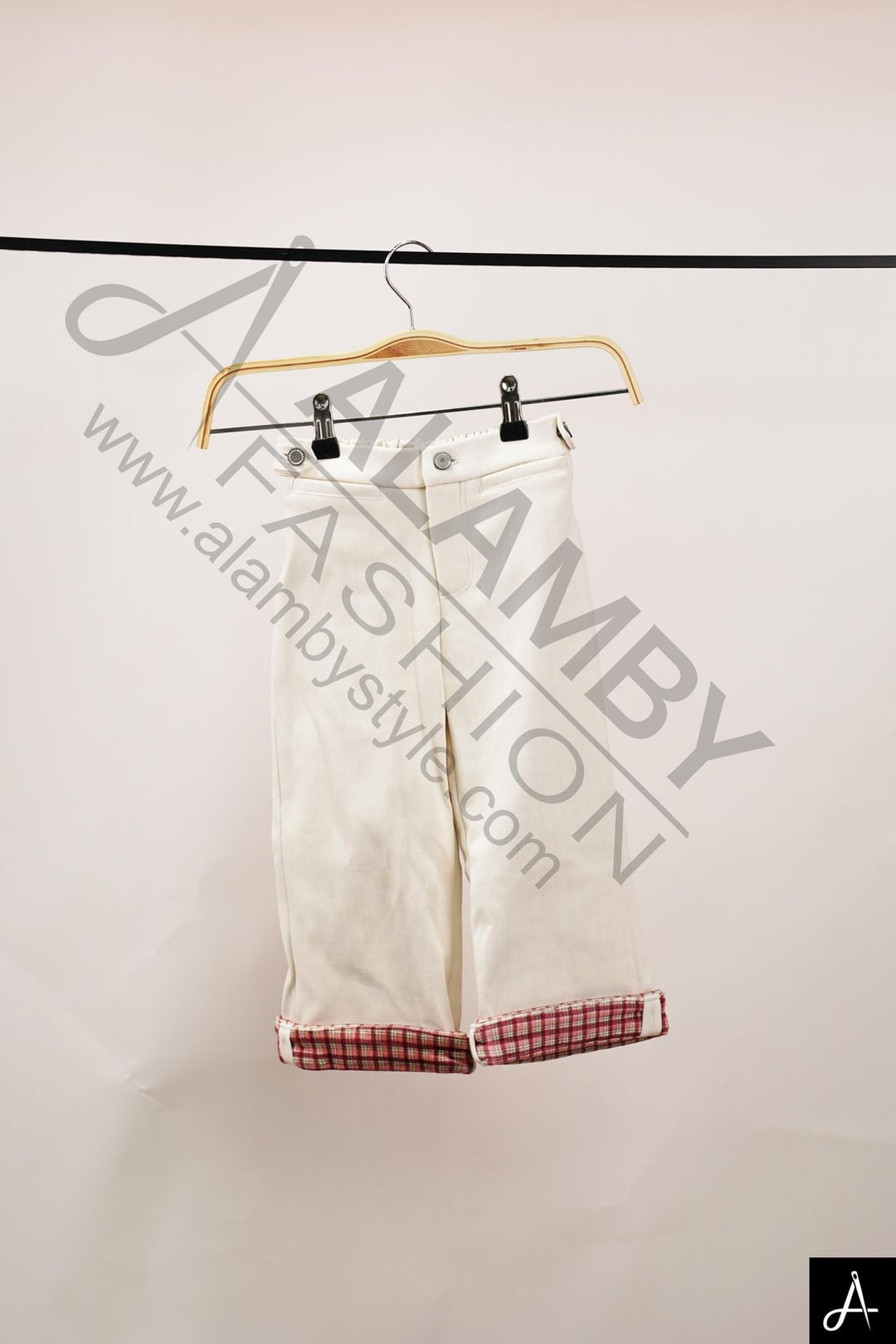 Skin-friendly Toddler Cream Trousers with Check Roll Cuff