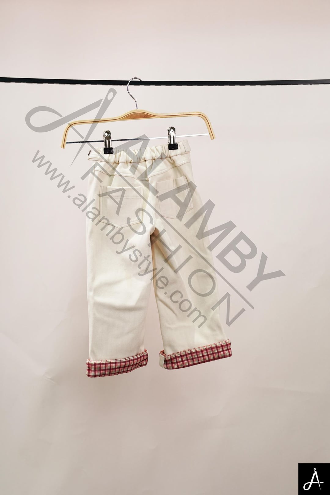 Skin-friendly Toddler Cream Trousers with Check Roll Cuff