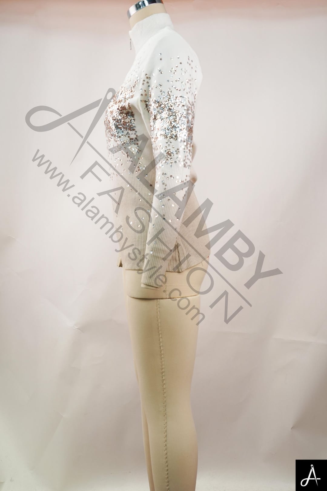 Friendly Cream Ombre Sequin Half-Zip Rib Knit Top