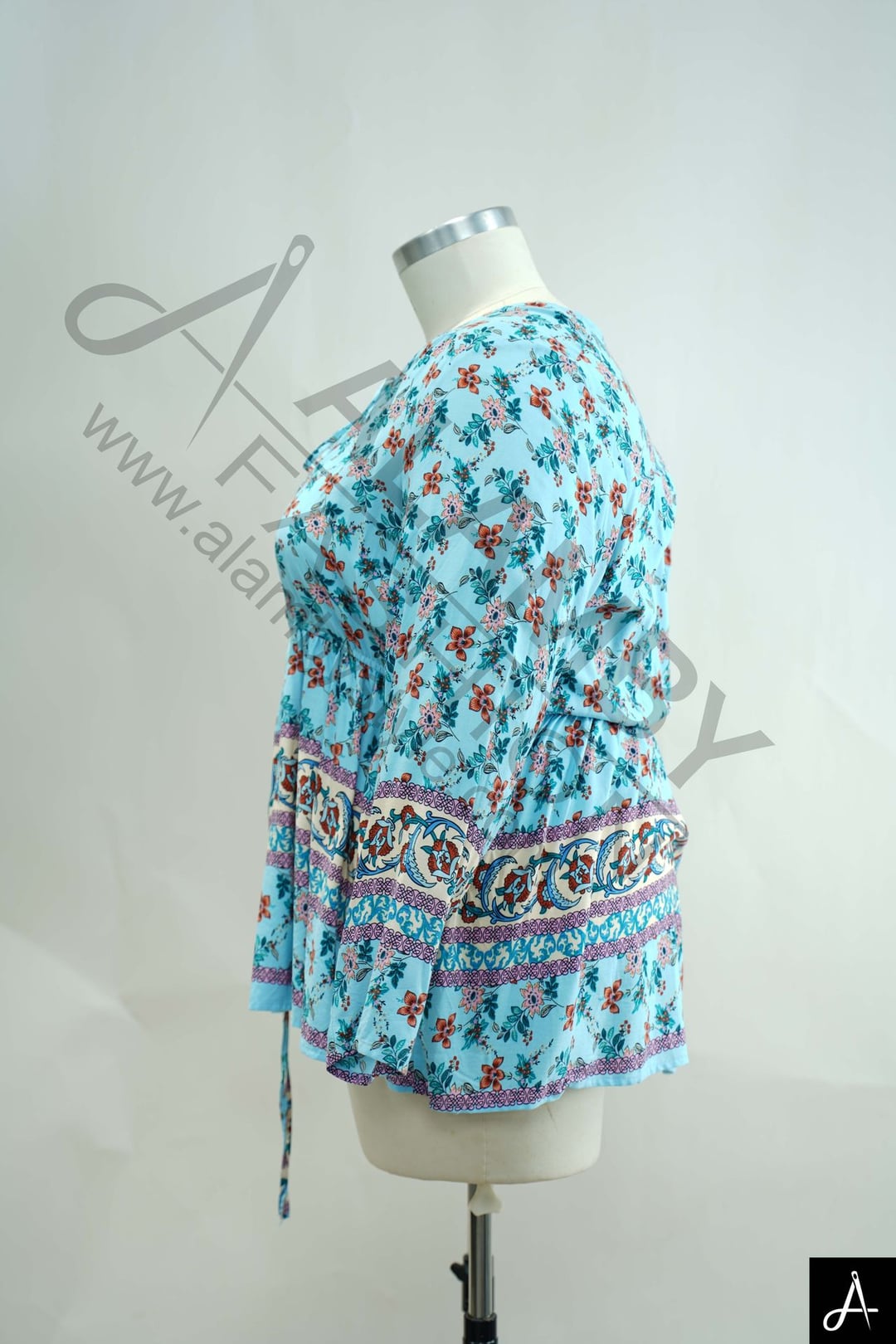 Blue Floral Print Long Sleeve Blouse