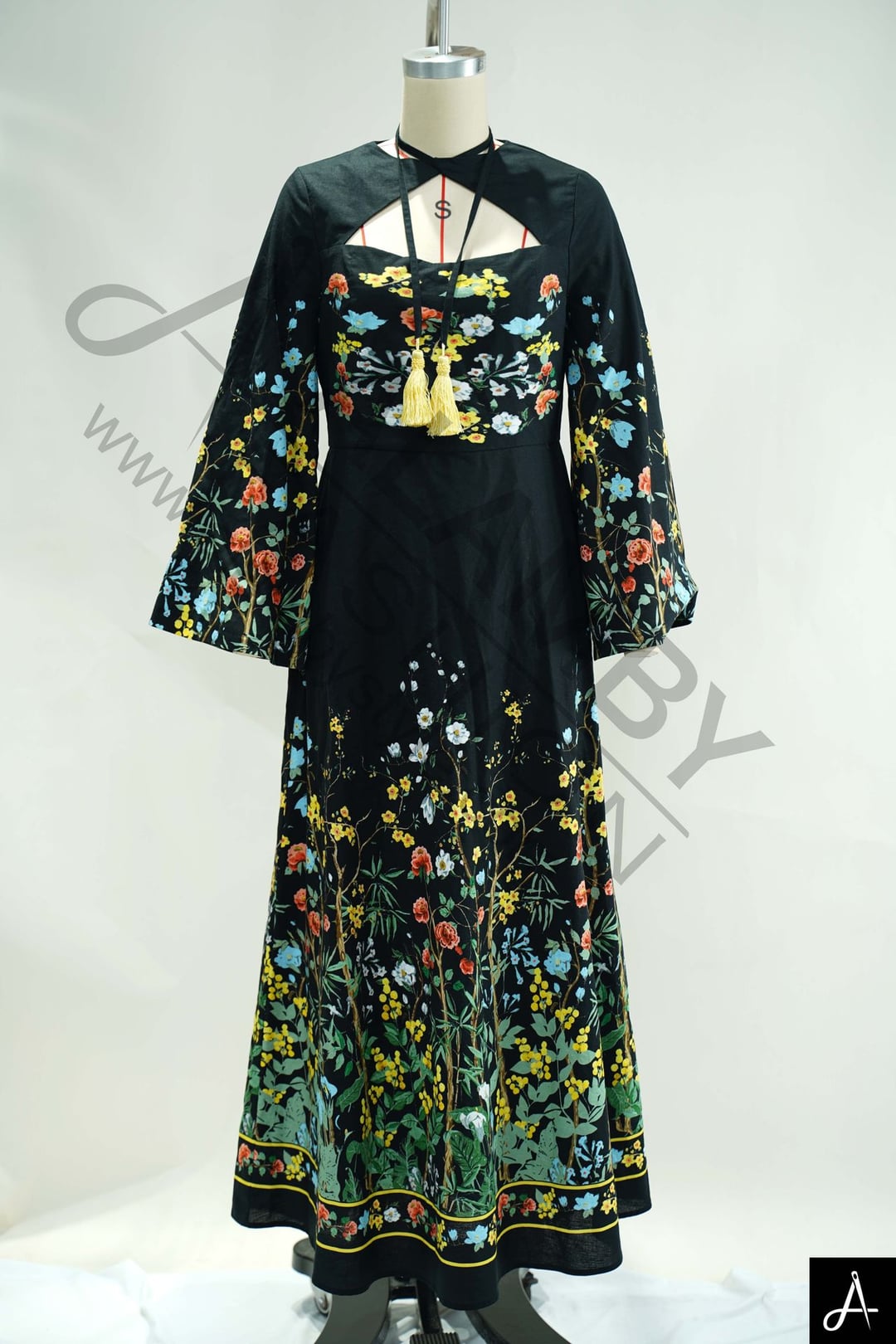 Black Sweetheart Square Neck Long Sleeve Floral Printed Maxi Woven Dress