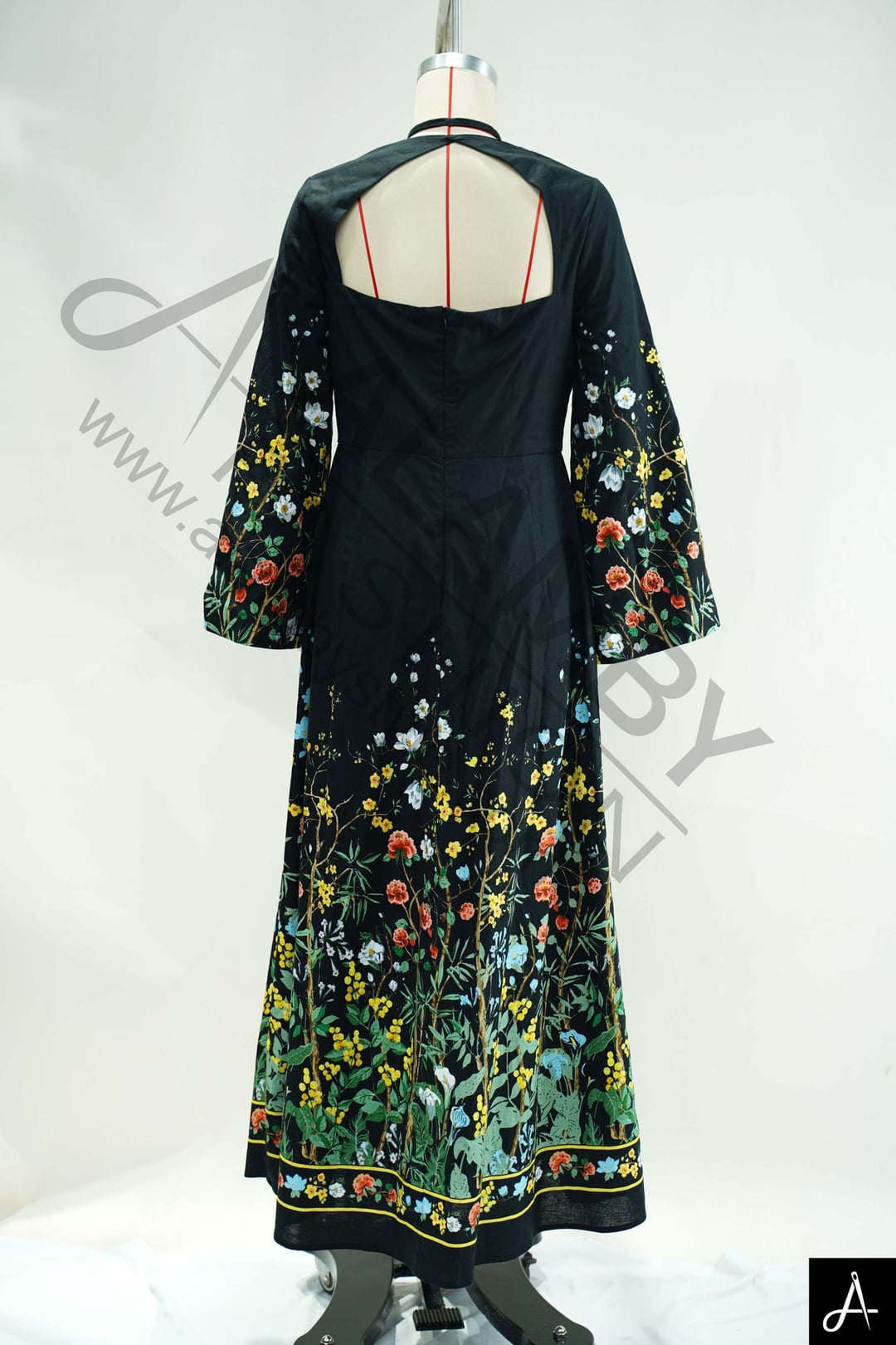 Black Sweetheart Square Neck Long Sleeve Floral Printed Maxi Woven Dress